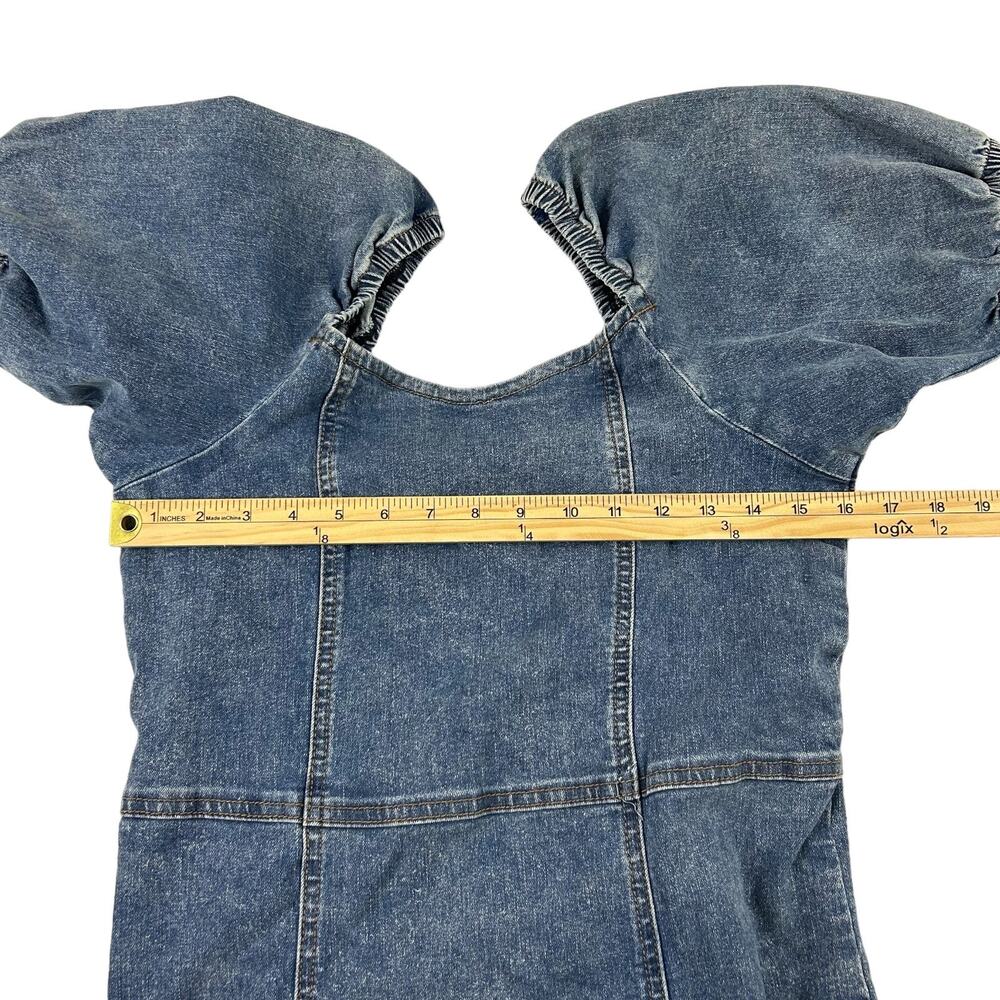 Madden Girl Sz M Jean Denim Mini Puff Sleeve Dress Sweetheart Neckline Zip Up - Picture 12 of 12